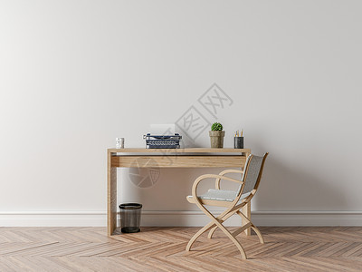工作服务台花瓶小样自然光木头椅子木地板打字机杯子白墙篮球背景图片