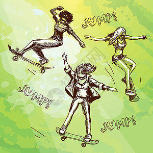 踢翻滑板手绘滑板手 收藏品乐趣女孩元素剪贴跳跃木板文化绘画活动空气设计图片