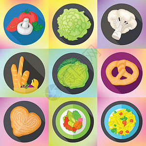 速冻香菇包设置各种食物平面图标插画