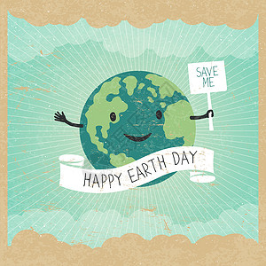 卡通地球说明 行星微笑并举着标语 S丝带生物生活生态明信片插图回收海报卡通片天空背景图片