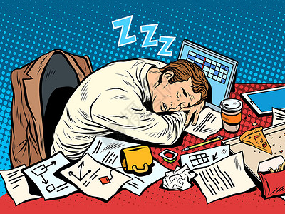 熬夜工作漫画工作上睡觉的男商务人士头脑插图桌子流行人士办公室卡通片漫画艺术金融设计图片