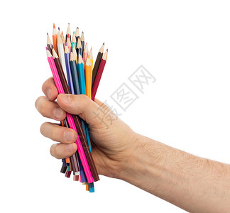 手头用过的铅笔男人女性物品学校展示营销广告商业手势白色背景图片