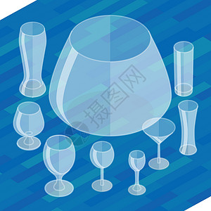 高酒杯玻璃器皿等距平面图标集插画