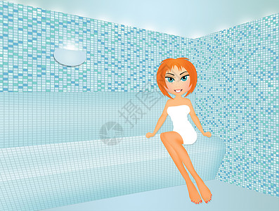 女孩洗蒸汽浴蒸汽桑拿身体插图蒸气浴马赛克温泉治疗大理石护理背景图片
