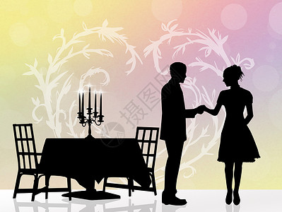 情侣浪漫晚餐男人蜡烛餐厅新年订婚插图女士桌子恋人快乐背景图片