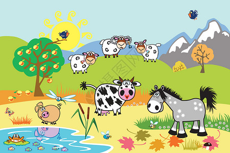 卡通农场动物在牧场背景图片