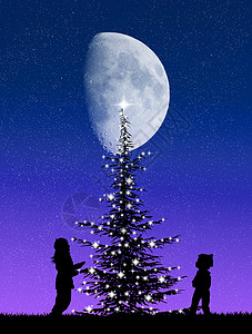 圣诞树周围的人家庭孩子们庆典快乐月亮松树插图背景图片