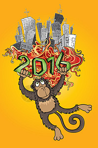 城市猴子卡通猴子动物摩天大楼 城市火力元素背景文化艺术野生动物动物园节日哺乳动物插图庆典十二生肖吉祥物背景
