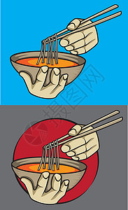 越南 食物带筷子的异国亚洲面条汤插画