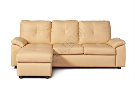 白色背景的 Beige 皮革沙发奢华长椅褐色软垫棕色风格装饰家具座位背景图片
