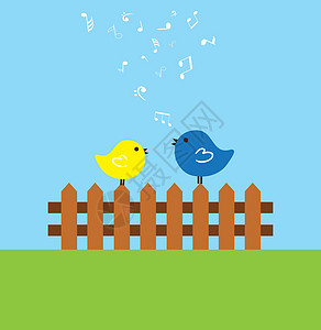 鸟儿唱歌围篱上的鸟儿艺术家漩涡艺术电脑收藏标签旋律栅栏流行音乐运动插画