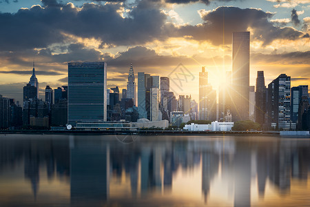 曼哈顿天际锁屏纽约市天际日落建筑学办公室场景景观城市全景市中心摩天大楼街道背景