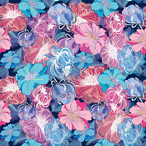 蓝色浪漫矢量花型织物墙纸打印装饰风格涂鸦季节植物卧室包装背景图片
