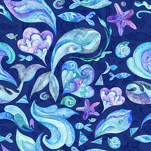 蓝色水彩抽象海洋模式海星墙纸插图藻类薄荷贝壳织物艺术海鲜热带背景图片
