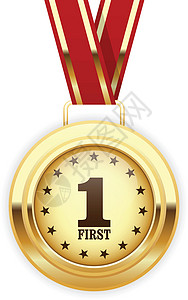 第一名奖章第一名赢家的金奖章挂在丝带上插画