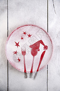 圣诞红色车牌造型桌子广告厨房派对食品灰尘面包勺子盘子背景图片