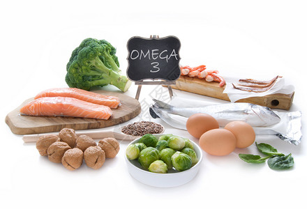 抱子甘蓝炖Omega 3 丰富食品种子食物对虾蔬菜坚果亚麻菠菜鳀鱼脂肪酸核桃背景