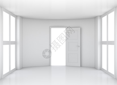 打开门窗的空房间3d空白建筑框架白色地面办公室玻璃插图渲染背景图片
