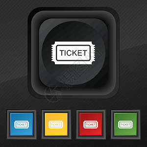 票据icket 图标符号 在用于设计设计的黑色纹理上设置5个彩色 时髦的按钮 矢量设计图片