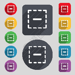 方形图标符号中的减号 一组由12个彩色按钮和长阴影组成 平坦设计 矢量背景图片