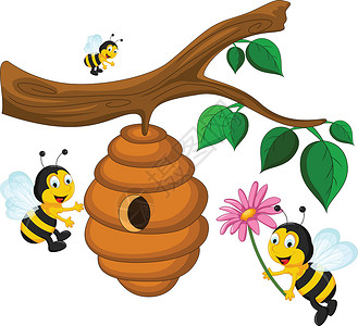飞行蜂蜜养花和蜂窝的蜜蜂漫画插画