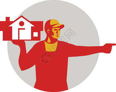 背着房子的男人携带房屋圆圈 Retr房子艺术品帽子男性劳动者插图工人搬运工搬家男人插画