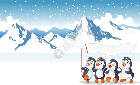 举小红旗企鹅有趣的企鹅举着雪山风景背景的旗帜插画