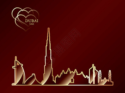 迪拜塔迪拜红色背景的金月光插画