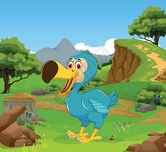 玉渡山丛林中带风景背景的有趣的渡渡鸟漫画插画