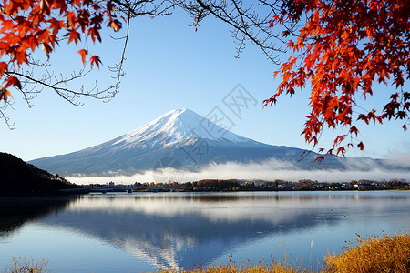 富士川口子山 日本湖带红木叶背景图片