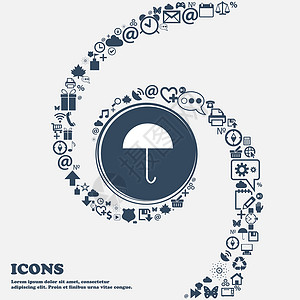 伞标志图标 中心的防雨符号 周围有许多美丽的符号扭曲成螺旋状 您可以将每个单独用于您的设计 韦克托圆圈徽章按钮游客海豹邮票旅行质插画