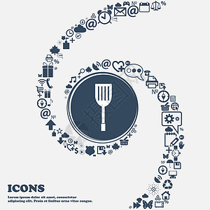 中央的厨房用具图标标志 周围有许多美丽的符号扭曲成螺旋状 您可以将每个单独用于您的设计 向量器具餐具勺子餐厅工具食物配饰烹饪插图插画