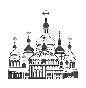 基辅东正教大教堂黑色地标圆顶信仰教会精神白色插画