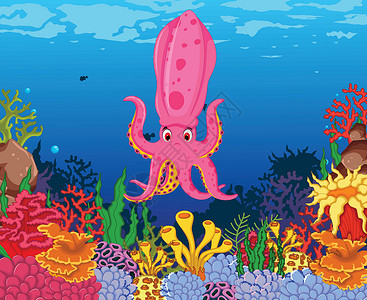 具有美海生物背景的风趣卡拉马里鱿鱼插画