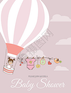 气球衣服带热气球的女婴淋浴卡荣誉生日卡片淋浴喜悦送货女儿衣服玩具乐趣设计图片
