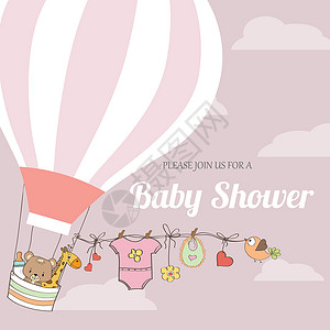 气球衣服带热气球的女婴淋浴卡荣誉卡片喜悦玩具熊乐趣玩具淋浴公告幸福热气设计图片