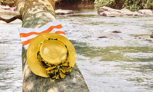 夏天 女人在树上戴黄帽子和袋子 放松瀑布帽子森林公园晴天绿色假期黄色女性背景图片