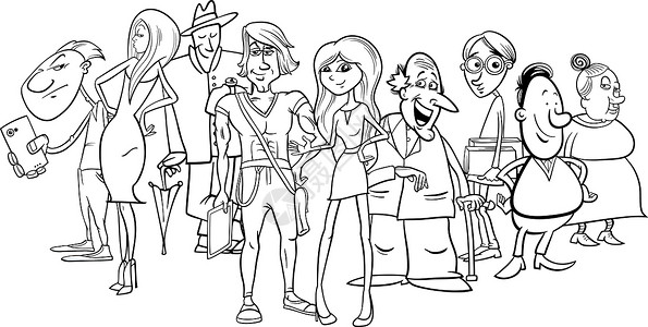 人口群体漫画插图女士卡通片男性团体染色绘画艺术青年人群女孩背景图片