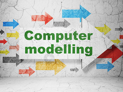 箭头造型科学概念箭头与垃圾墙背景上的计算机建模地面技术水泥造型古董教育房间化学建筑实验室背景