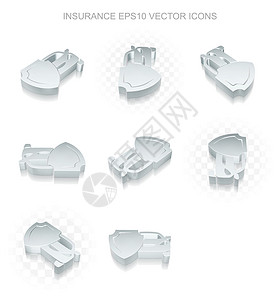 被保险人保险图标设置不同视图的金属汽车和盾牌透明阴影EPS 10 矢量设计图片