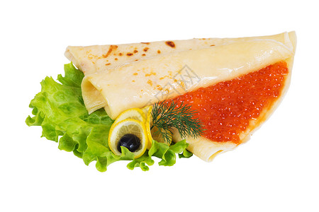白色背景的红鱼子酱煎饼高清图片