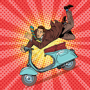 摩托车事故在踏板车的男性司机事故旅行发动机摩托车自行车人士卡通片速度流行漫画艺术插画