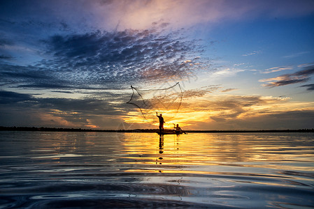 洛瓦特网泰国农民日出旅行波纹钓鱼旅游工具渔夫反射食物背景