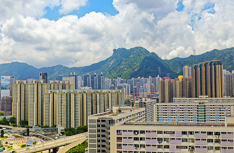 狮子山景观有地标性狮子山的香港公共屋苑住房土地市中心财产高楼城市多层不动产公寓贫困背景