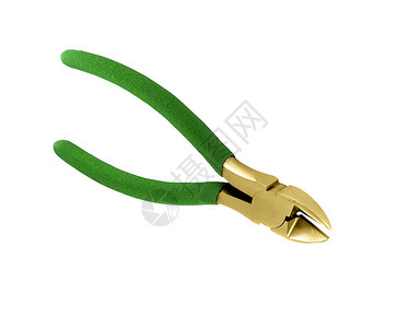 白色背景上的纯光绿色剪刀金属爱好刀刃修枝用具工具房子背景图片