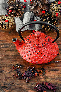 时尚的茶茶静生红色季节性松树松果季节桌子锥体乡村香气浆果背景图片
