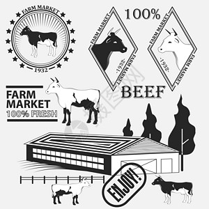 牧场马群元素一套优质牛肉标签和设计元素 韦克托身体餐厅牛扒熏肉插图贴纸邮票屠夫市场农场插画