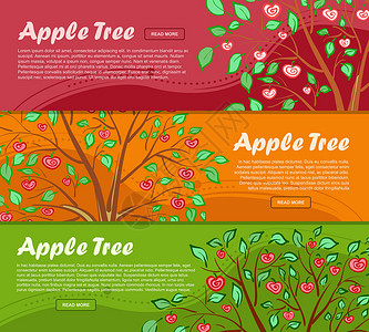 三个色彩多彩的横幅 上面印有苹果树和广告地点 矢量背景图片