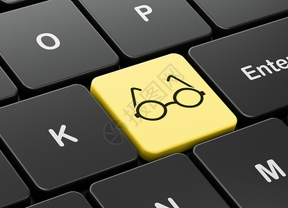 计算机键盘背景上的科学概念眼镜3d渲染学习教练电脑学校镜片阅读知识实验室背景图片