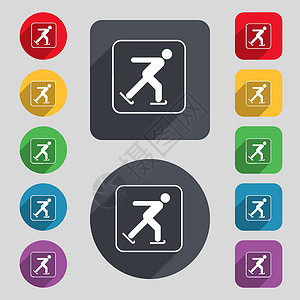 长按钮滑冰图标符号 一组由12个彩色按钮和长阴影组成 平坦的设计 矢量插画